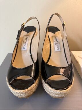 Jimmy Choo Black Gloss Patent Leather Espadrille Wedge Sandals Women 38.5/7.5 US